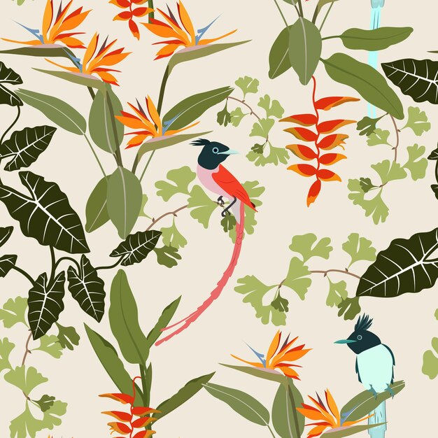 Vector beautiful tropical leavesflowers and birds seamless vector illustration