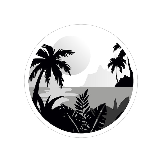 Beautiful tropical scenery with trees water and sun monochrome landscape in geometric shape design vector Illustration isolated on a white background