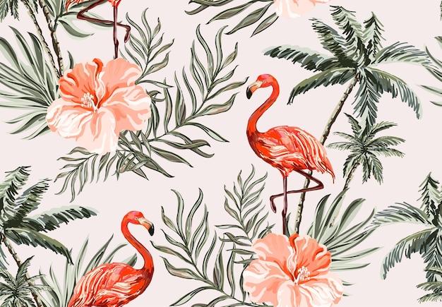 Beautiful tropical seamless pattern background with coconut palm trees flamingo hibiscus Isolated