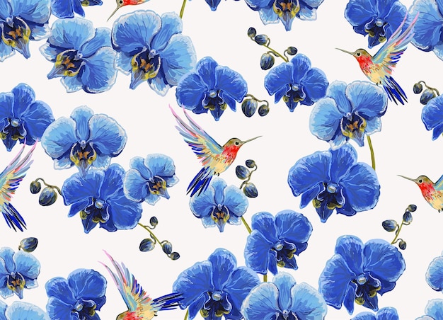 Beautiful tropical vintage blue orchid flower hummingbird floral seamless pattern background