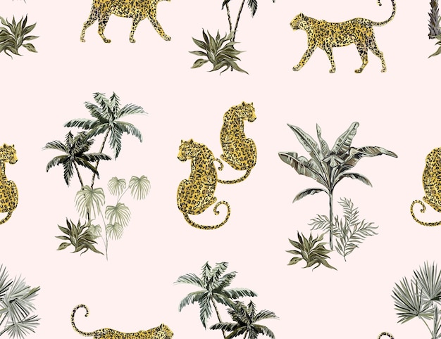 Beautiful tropical vintage seamless pattern background with palm trees and leopards isolated