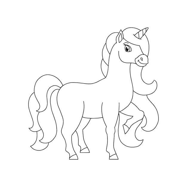 A beautiful unicorn with a lush mane and tail Coloring book page for kids