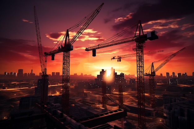 Beautiful urban construction site silhouettes at sunset Tower cranes and building silhouettes