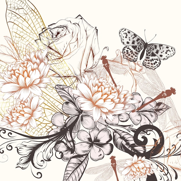 Beautiful vector background with hand drawn flowers in vintage style