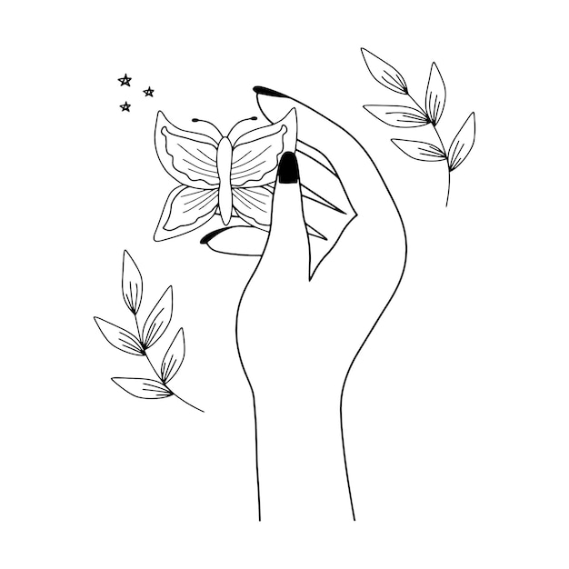 Beautiful vector illustration for logo.Woman hand hold butterfly. Minimalistic floral line art