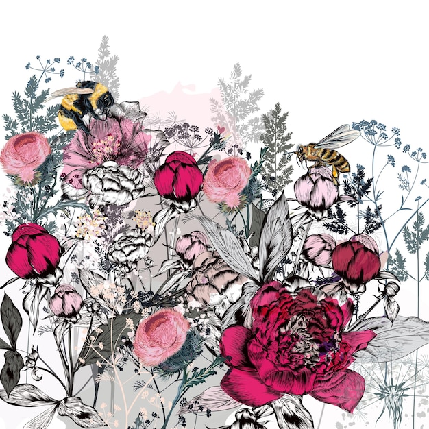 Beautiful vector illustration with peony flowers herbs plants and bees in vintage style