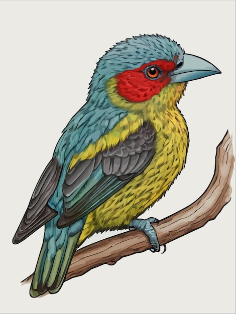 Vector a beautiful vector of a lineated barbet bird for tshirt design colorful bird on a branch