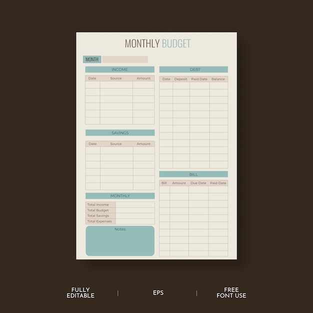 Beautiful Vector Minimilastic teal and brown Colour combination budget planner template