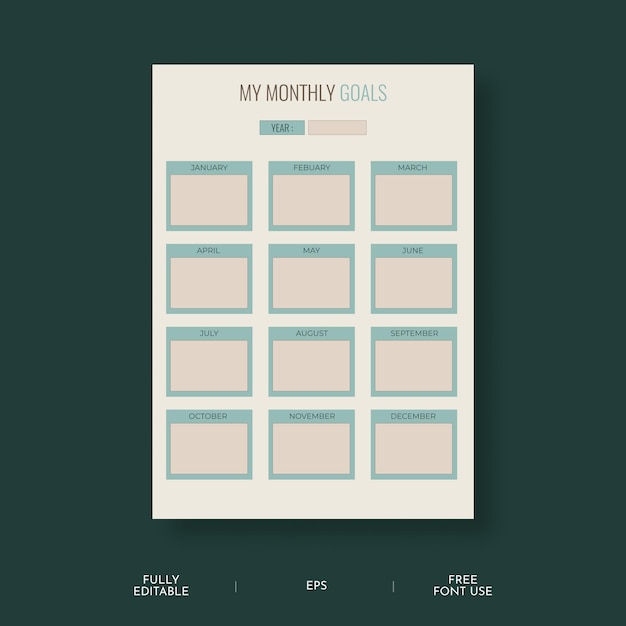 Beautiful Vector Minimilastic teal and brown Colour combination Monthly Goals planner template