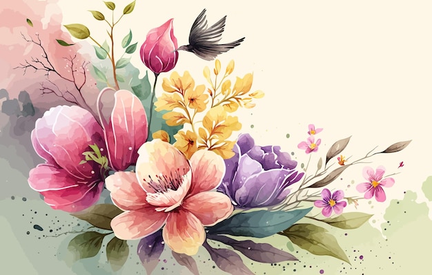 Beautiful vector watercolor floral background with flowers Handdrawn illustration