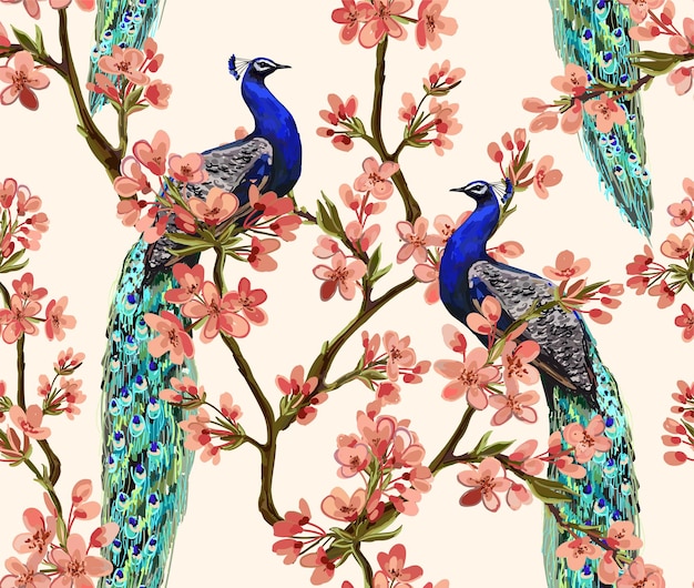 Beautiful vectorseamless pattern with peacock tropical japanese flowers tree spring