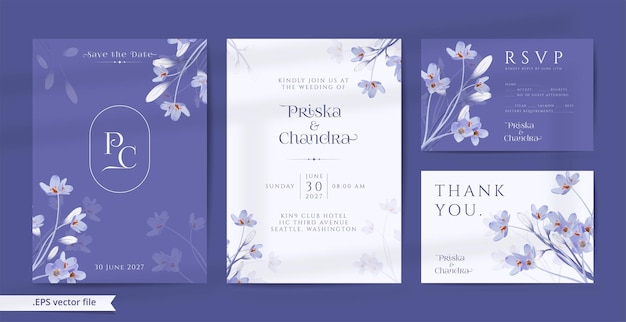 Beautiful very peri purple wedding invitation with watercolor flower ornaments