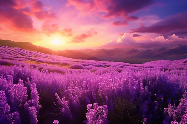 Beautiful view of blooming lavender field at sunset