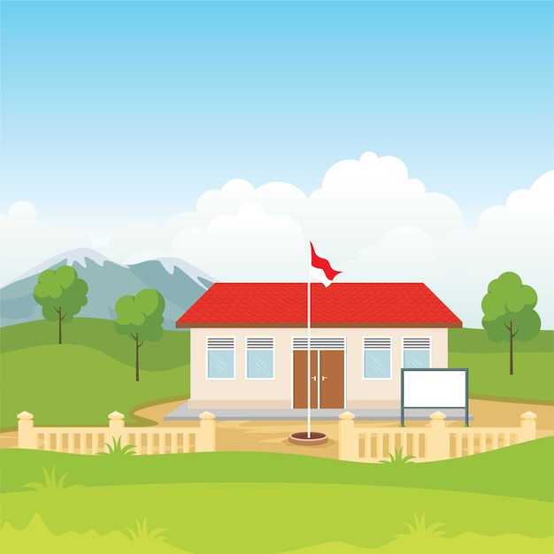 Beautiful view of the Indonesian school building in the countryside  illustration