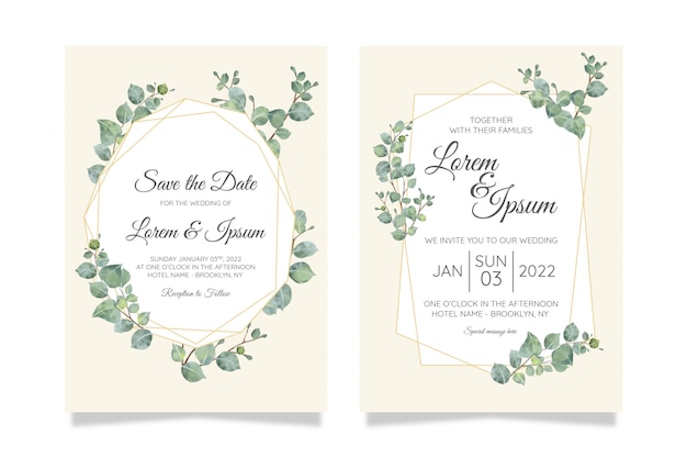 Beautiful watercolor botanic wedding invitation card template set with flowers decoration