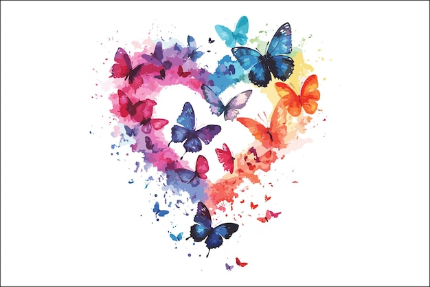 Vector beautiful watercolor design featuring butterflies and heart shapes