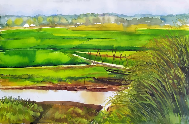 Beautiful watercolor filed nature landscape painting illustration