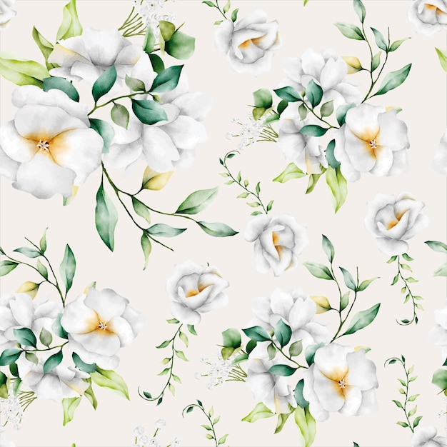 beautiful watercolor floral seamless pattern with greenery leaves and white flower