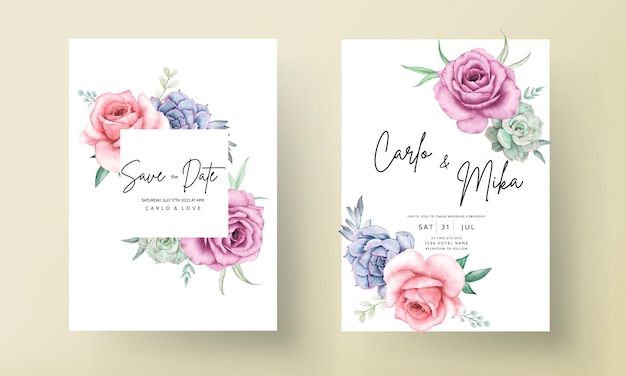 Beautiful watercolor floral wedding invitation card with roses and succulents