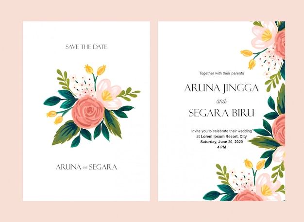 Beautiful watercolor floral wedding invitation set card template