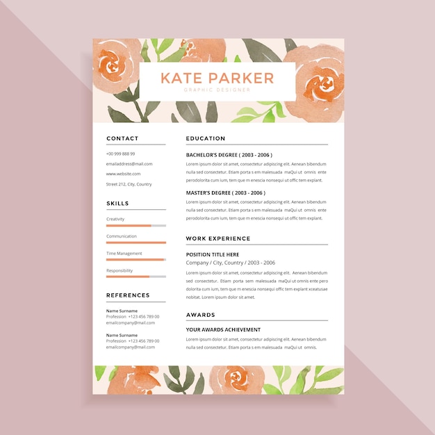 Beautiful Watercolor Flower Feminine Resume CV Design