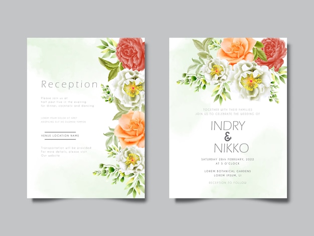 beautiful watercolor flower and leaves wedding invitation cards