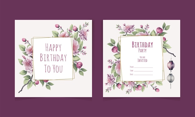 Beautiful watercolor flowers and leaves birthday party poster design