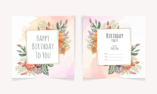 Beautiful watercolor flowers and leaves birthday party poster design