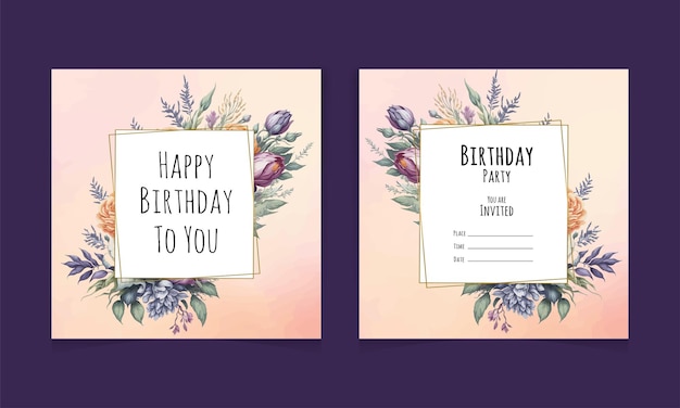 Beautiful watercolor flowers and leaves birthday party poster design