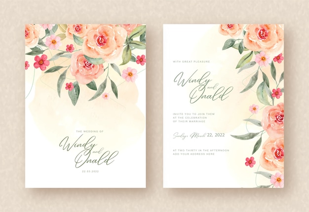 Beautiful watercolor flowers on wedding invitation template