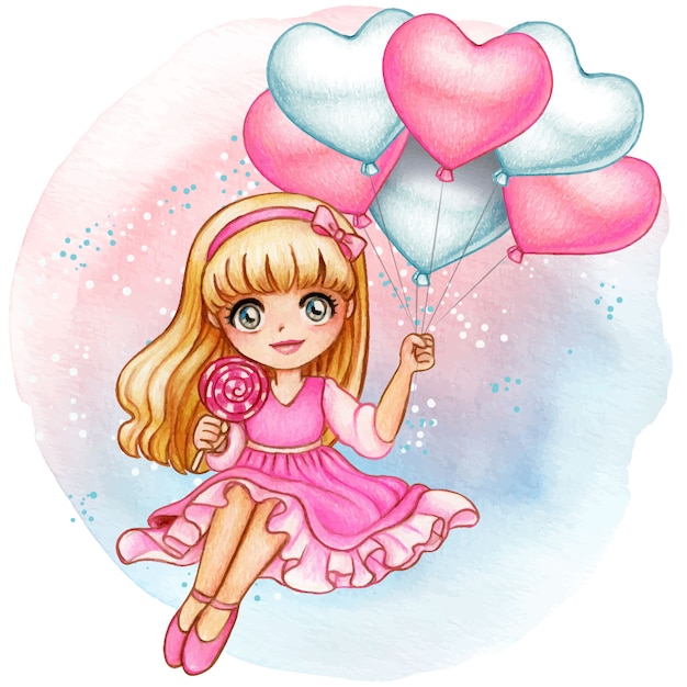 Beautiful watercolor girl holding romantic pink heart balloons