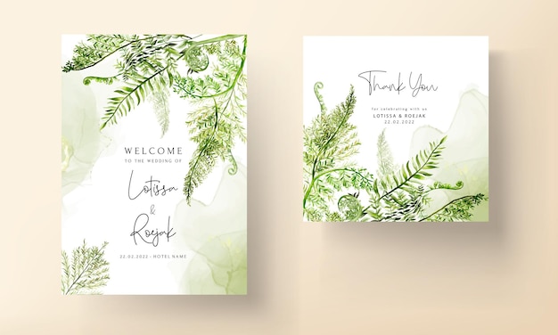 Beautiful watercolor greenery fern leaves wedding invitation card