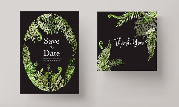 Beautiful watercolor greenery fern leaves wedding invitation card