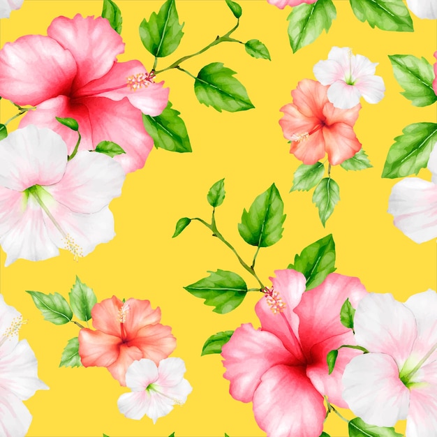 beautiful watercolor hibiscus flower floral seamless pattern