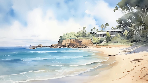 Beautiful watercolor natural beach scene landscape