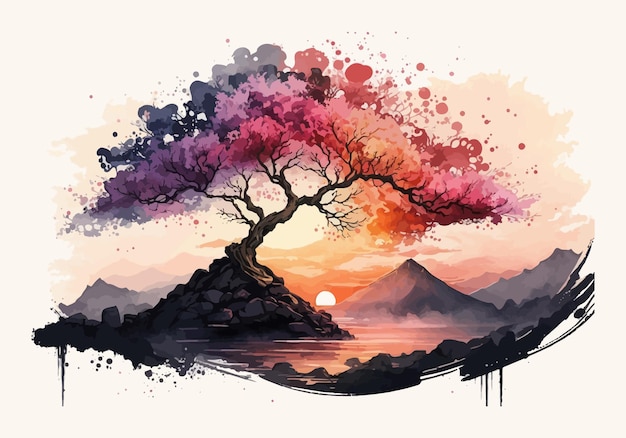 Beautiful watercolor painting Against this background the bright radiance of the sun cherry blossoms penetrating the darkness bright saturated colors Generative AIcreativityvector illustration