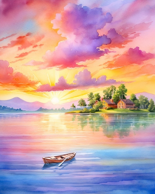 Vector beautiful watercolor painting of sunset