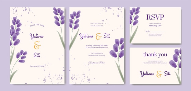 beautiful watercolor purple eucalyptus double side wedding invitation template premium vector