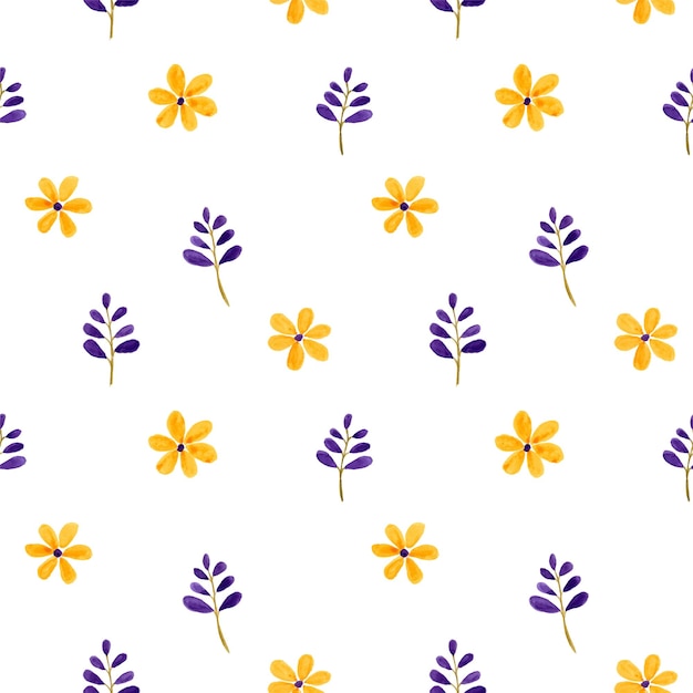 Beautiful watercolor purple and yellow flowers as seamless pattern.