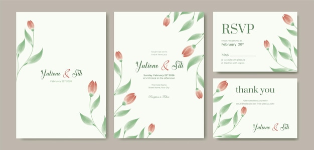 beautiful watercolor red floral wedding invitation template premium vector