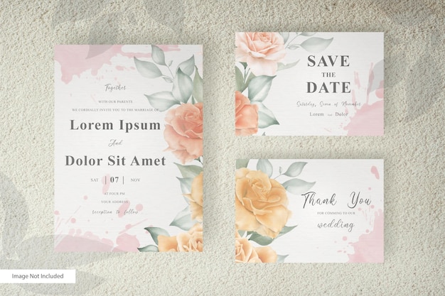 Beautiful Watercolor wedding card template set with floral and leaves decoration  