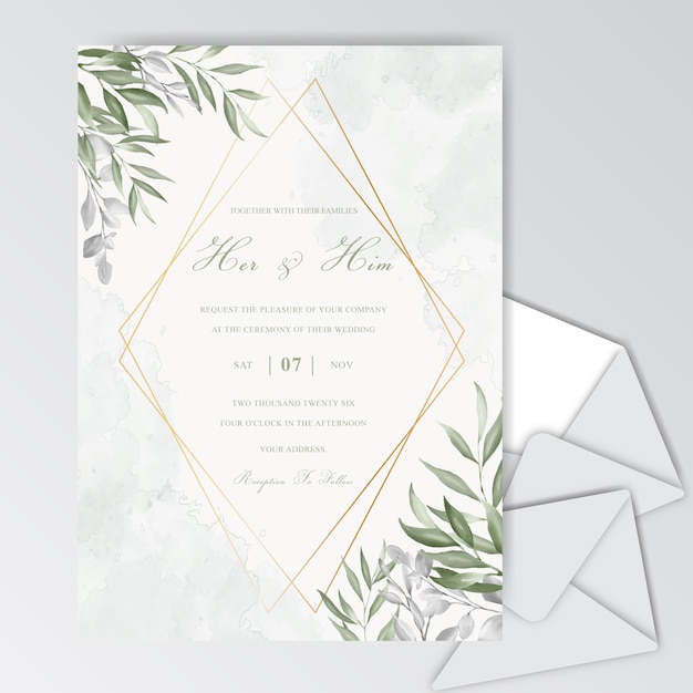 Beautiful watercolor wedding card template with Foliage