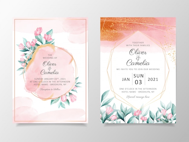 Beautiful watercolor wedding invitation card template set with floral decoration and gold glitter.