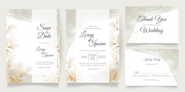 Beautiful watercolor wedding invitation card template set with golden floral decoration