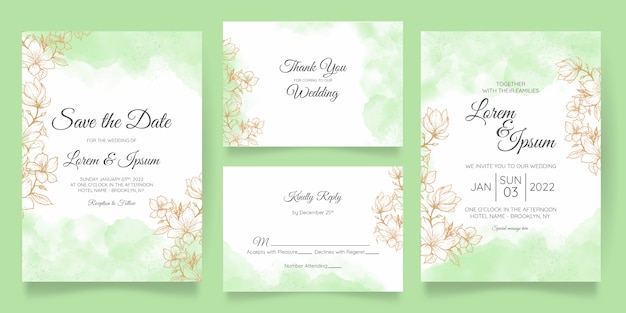 Beautiful watercolor wedding invitation card template set with golden floral decoration