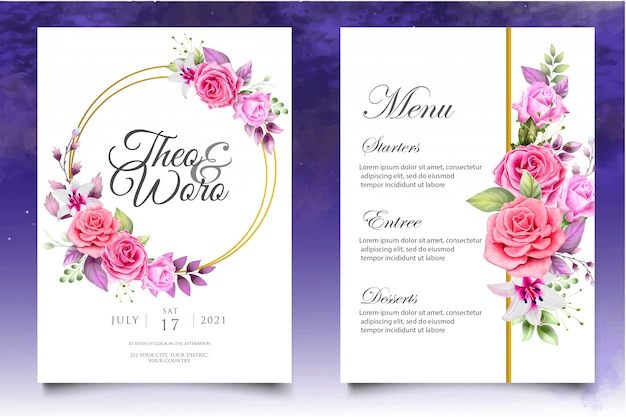 Beautiful watercolor wedding invitation floral and leaves card template