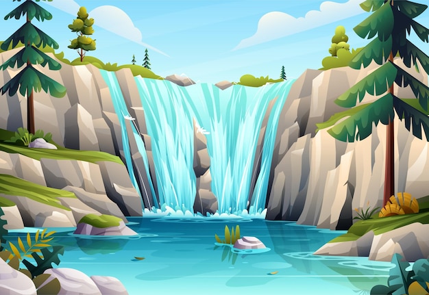 Beautiful waterfall scenery in forest landscape vector illustration