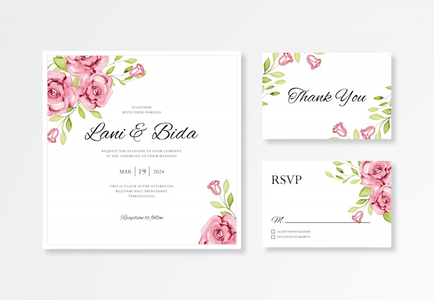 Beautiful wedding card invitation set template with floral watercolor