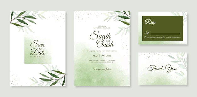 Beautiful wedding card invitation set template with hand drawn watercolor foliage