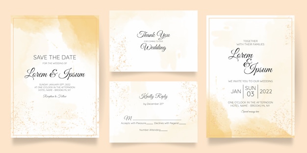 Beautiful wedding card invitation template set with splash watercolor